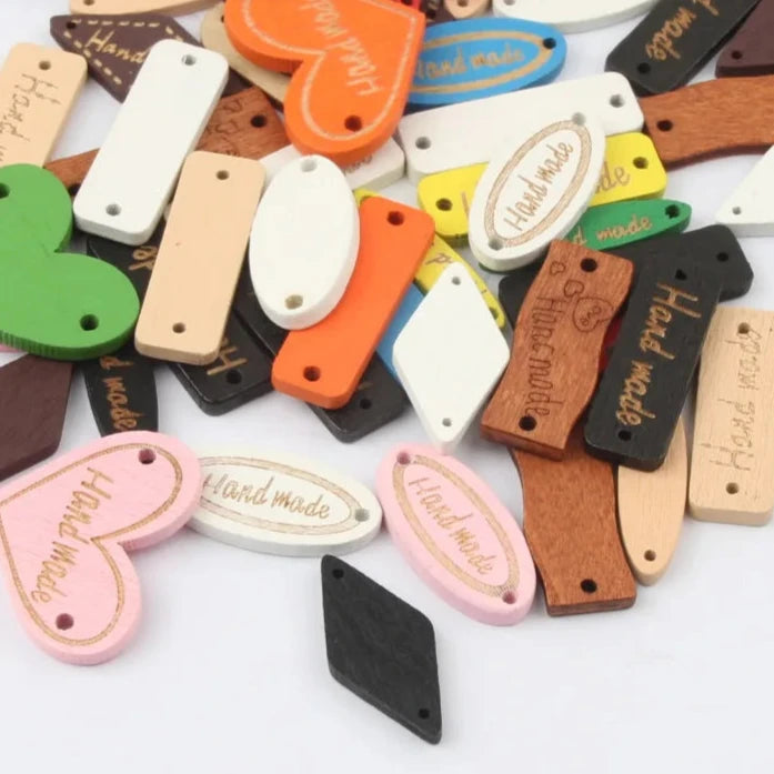 'Hand made' Colorful Wooden Tag Mixes - 26-30mm long / 50 pieces