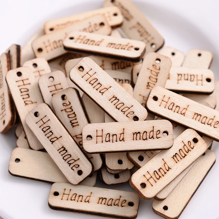 'Hand made' Rectangle Shape Wooden Tags - 10x30mm / 12x24mm / 50 pieces