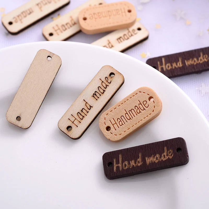 'Hand made' Rectangle Shape Wooden Tags - 10x30mm / 12x24mm / 50 pieces