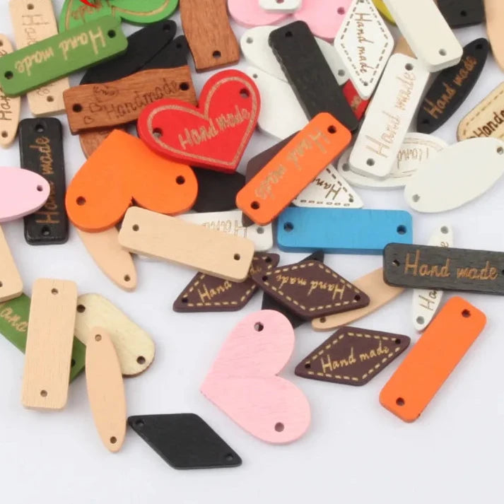 'Hand made' Colorful Wooden Tag Mixes - 26-30mm long / 50 pieces